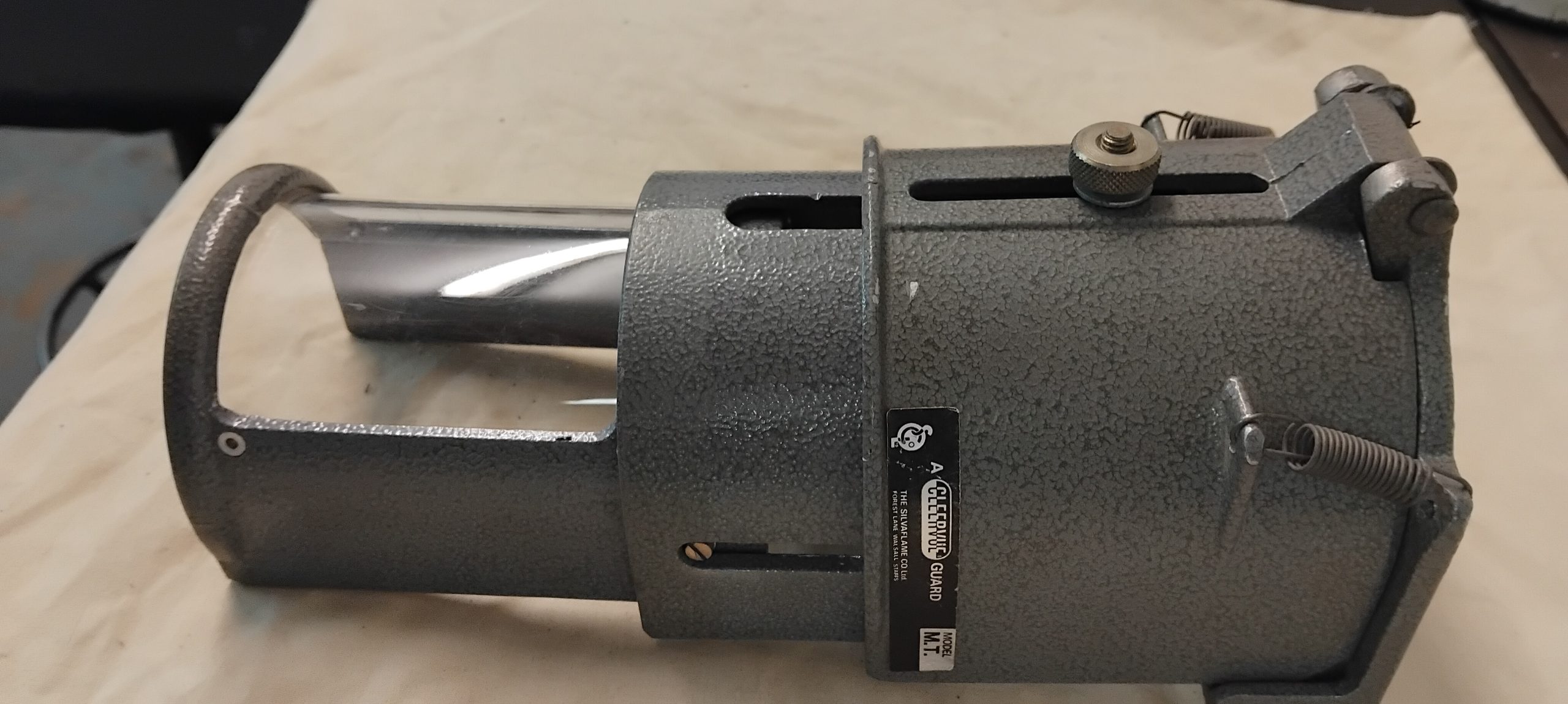 Metal Cleervue drill press chuck guard, flange mount